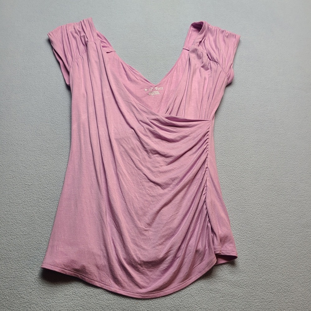 White House Black Market Surplice Top Womens L Purple Ruched Cap Sleeve Blouse